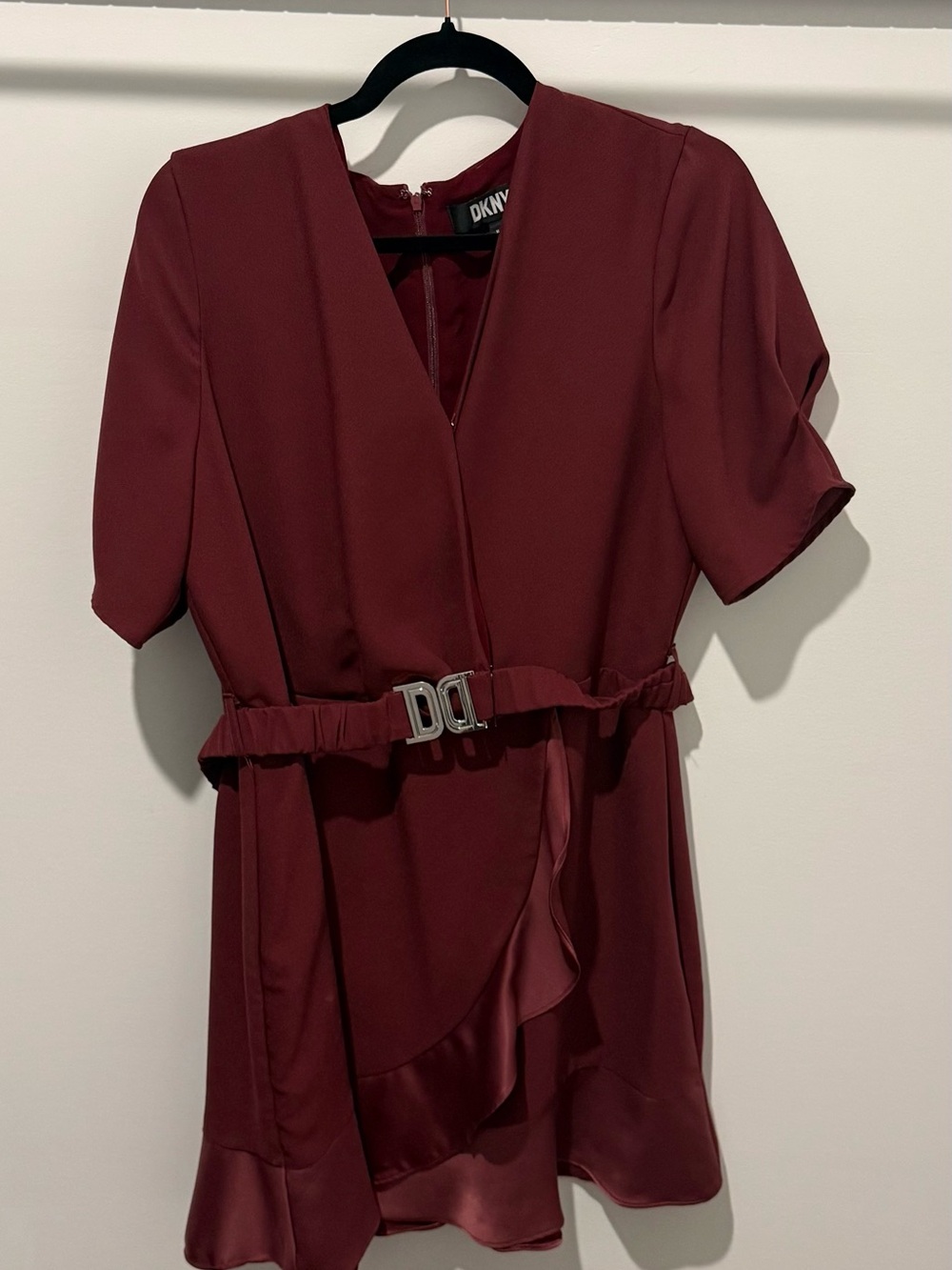 DKNY Maroon High-Low Dress with Logo Buckle
